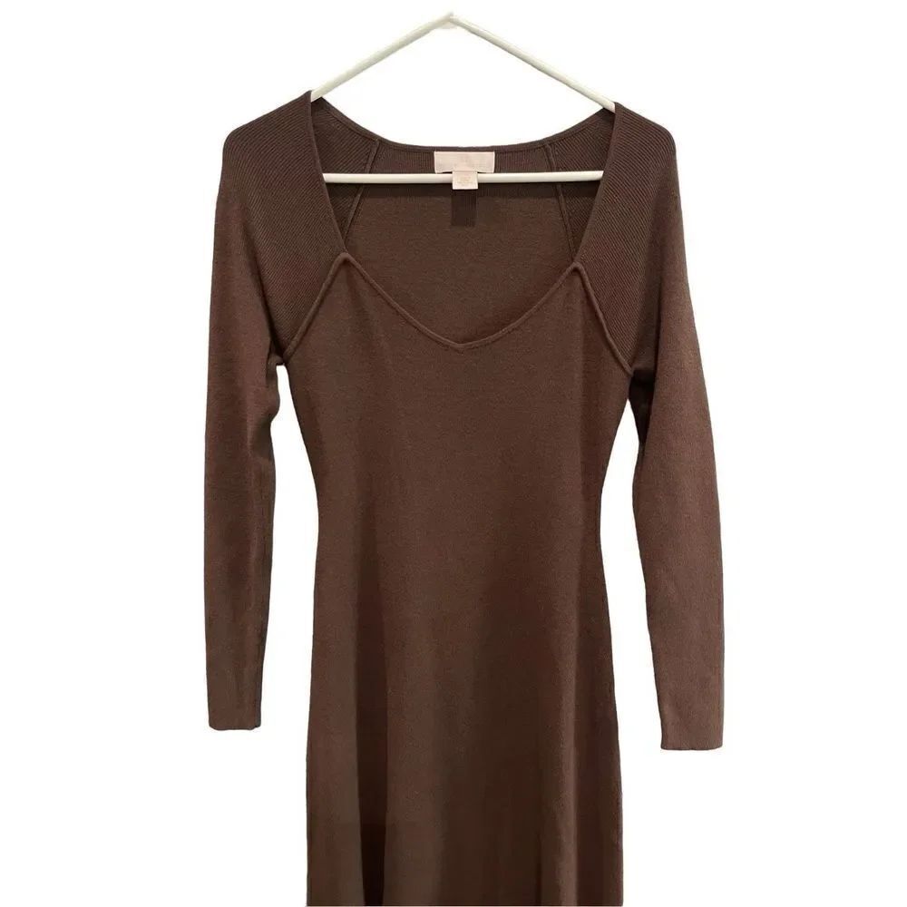 Rachel Parcell Womens Brown Sweetheart Rib Knit Long Sleeve Midi Dress Small